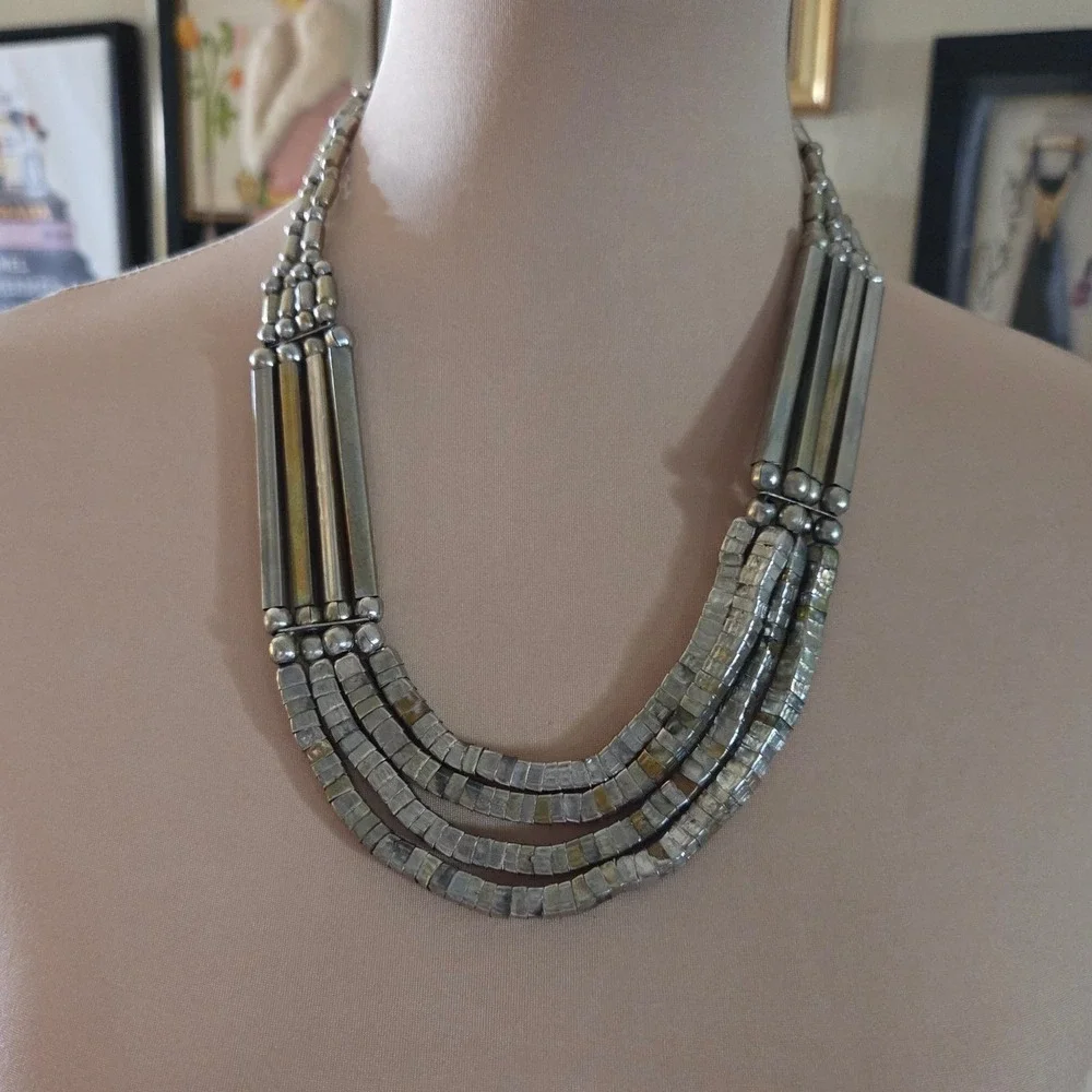 Vintage‎ Multi Strand Bib Statement Necklace Silver Gold Tone Tiered 70s